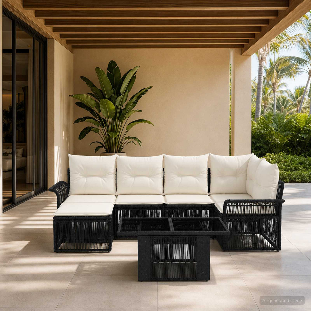 Tuinbankenset 7 st Zwart en Cream Wit poly rattan is nu te koop bij PeponiXL, paradijselijk wonen!