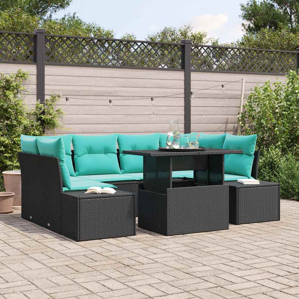 Bankstel met kussen 7 pcs Zwart en Blauw poly rattan is nu te koop bij PeponiXL, paradijselijk wonen!
