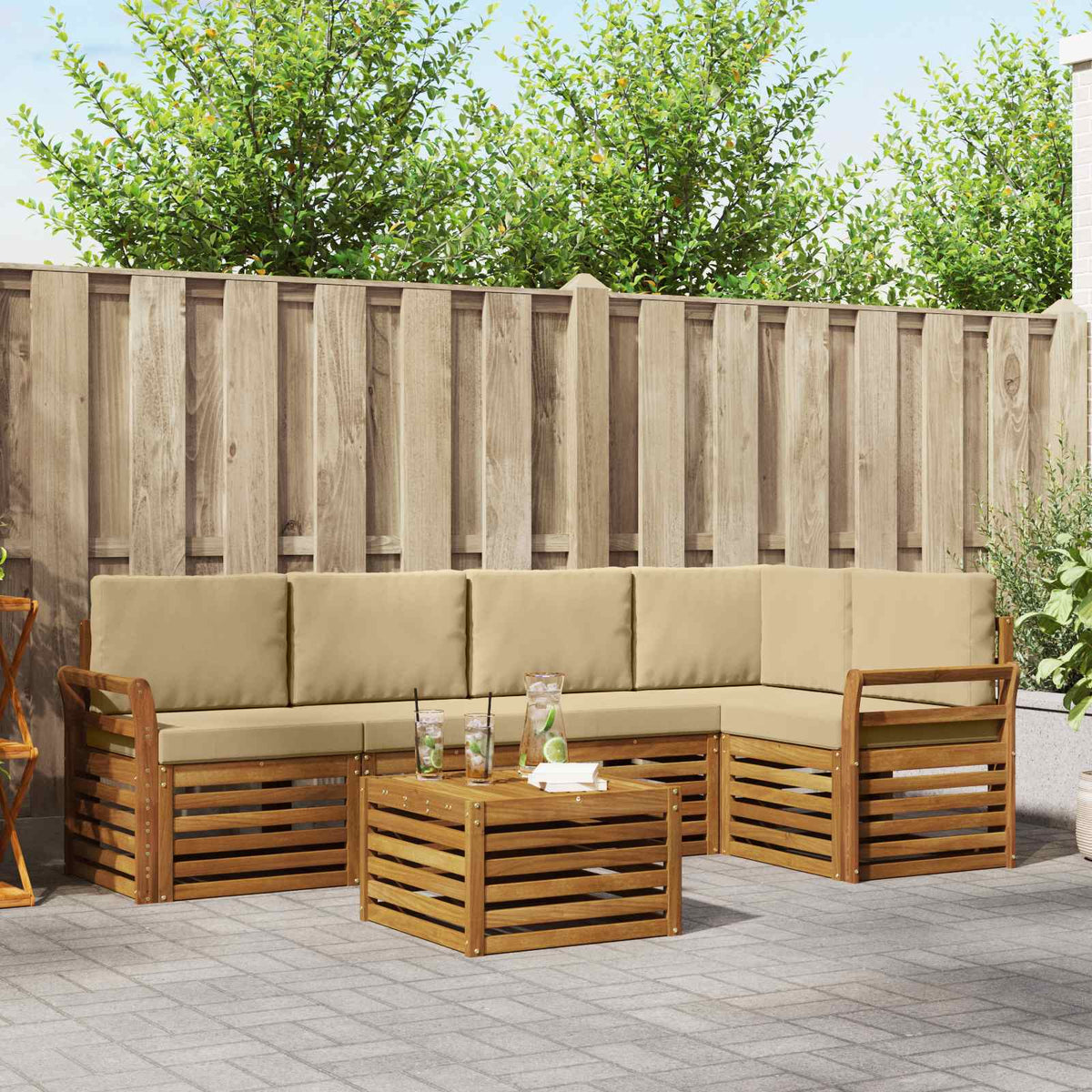 Hoekbank Set 6 pcs Natuurlijk en Beige Massief Acaciahout is nu te koop bij PeponiXL, paradijselijk wonen!