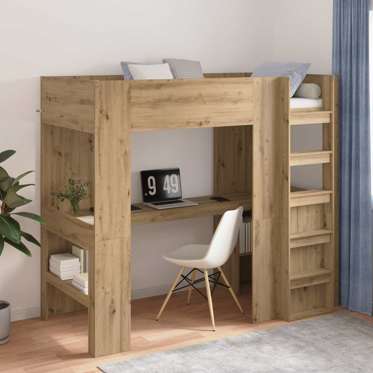 Loft Bedframe met Bureau Artisan Eiken 90 x 190 cm Bewerkt hout is nu te koop bij PeponiXL, paradijselijk wonen!