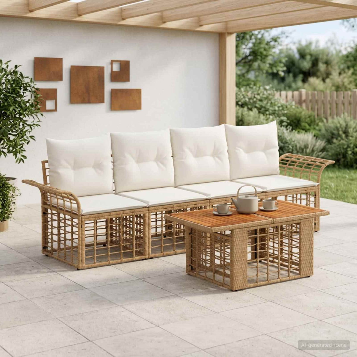 Tuinbankenset 5 st Natuurlijk en Crème Wit poly rattan is nu te koop bij PeponiXL, paradijselijk wonen!