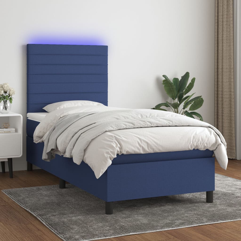 Boxspring met matras en LED stof blauw 90x190 cm is nu te koop bij PeponiXL, paradijselijk wonen!