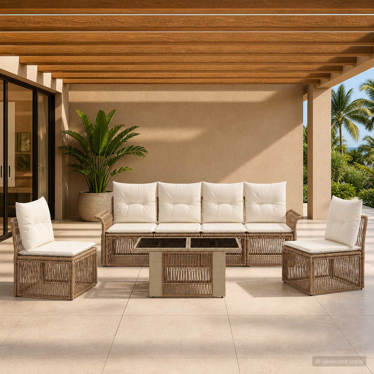 Tuinbankenset 7 st Beige en Crème Wit poly rattan is nu te koop bij PeponiXL, paradijselijk wonen!