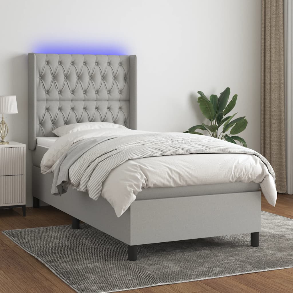 Boxspring met matras en LED stof lichtgrijs 90x190 cm is nu te koop bij PeponiXL, paradijselijk wonen!