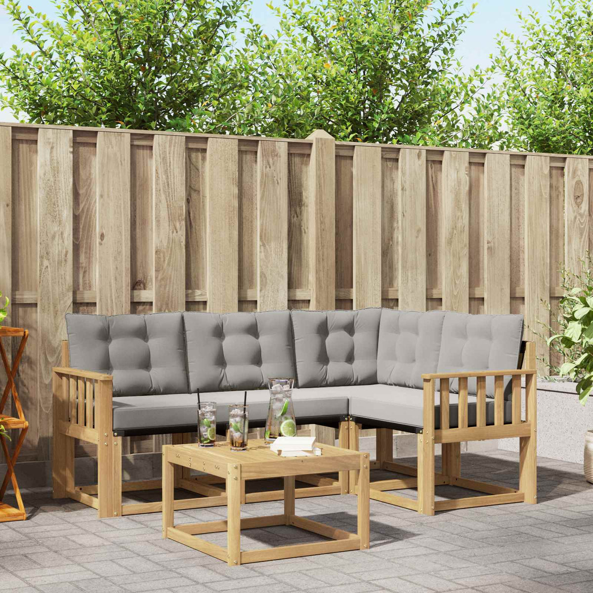 Buiten bankenset met kussen 5 pcs Wit en Lichtgrijs is nu te koop bij PeponiXL, paradijselijk wonen!