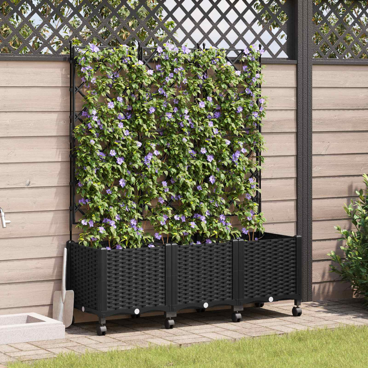 Tuinplantbak met schutting en wielen 3 st Zwart PP is nu te koop bij PeponiXL, paradijselijk wonen!