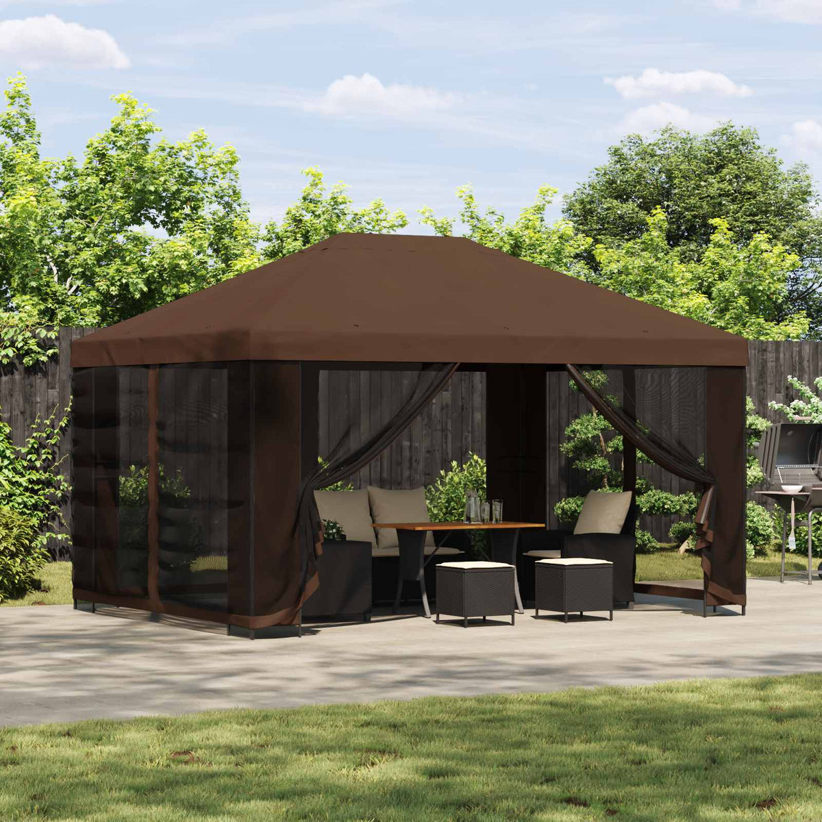 Tuin Gazebo met Zijwanden 4 × 3 m Bruin Polyester en staal 190 is nu te koop bij PeponiXL, paradijselijk wonen!