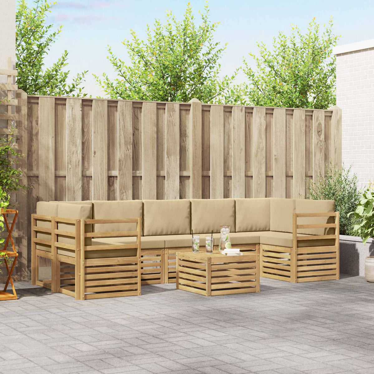 Buiten bankenset met kussen 8 pcs Wit en Beige Polyester is nu te koop bij PeponiXL, paradijselijk wonen!