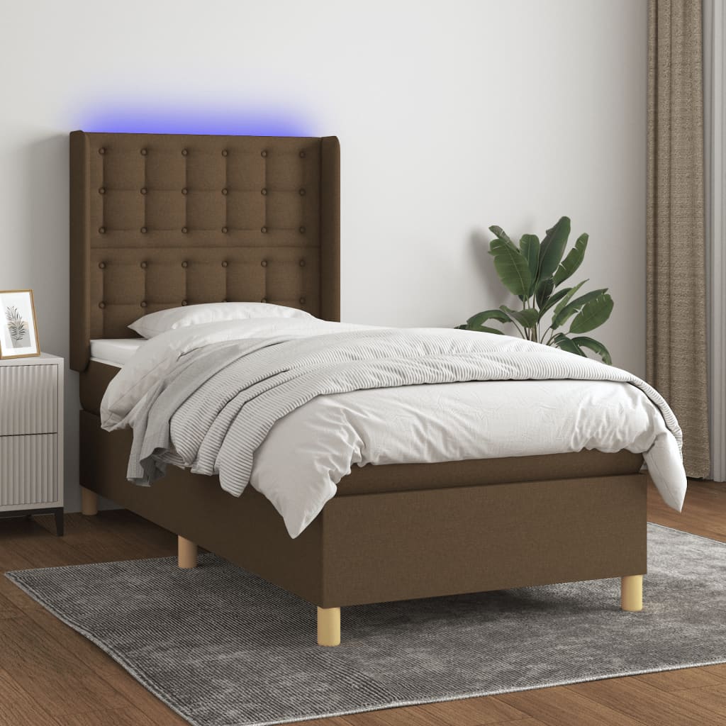 Boxspring met matras en LED stof donkerbruin 90x190 cm is nu te koop bij PeponiXL, paradijselijk wonen!