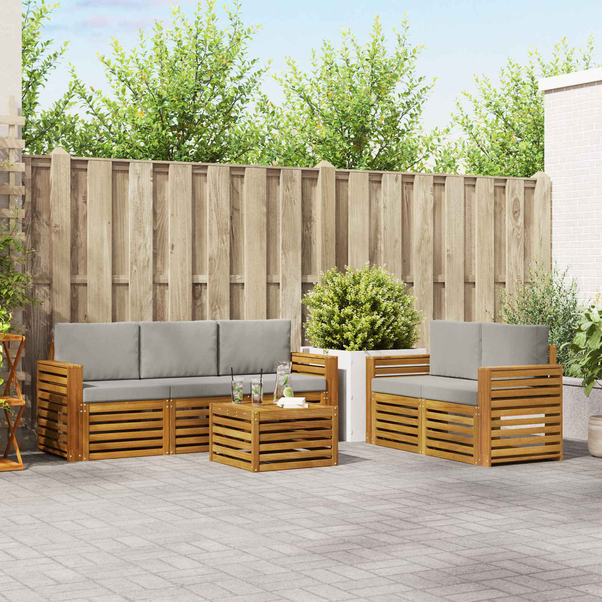 Sofa-Sets 6 pcs Natuurlijk en Lichtgrijs Massief Acaciahout is nu te koop bij PeponiXL, paradijselijk wonen!