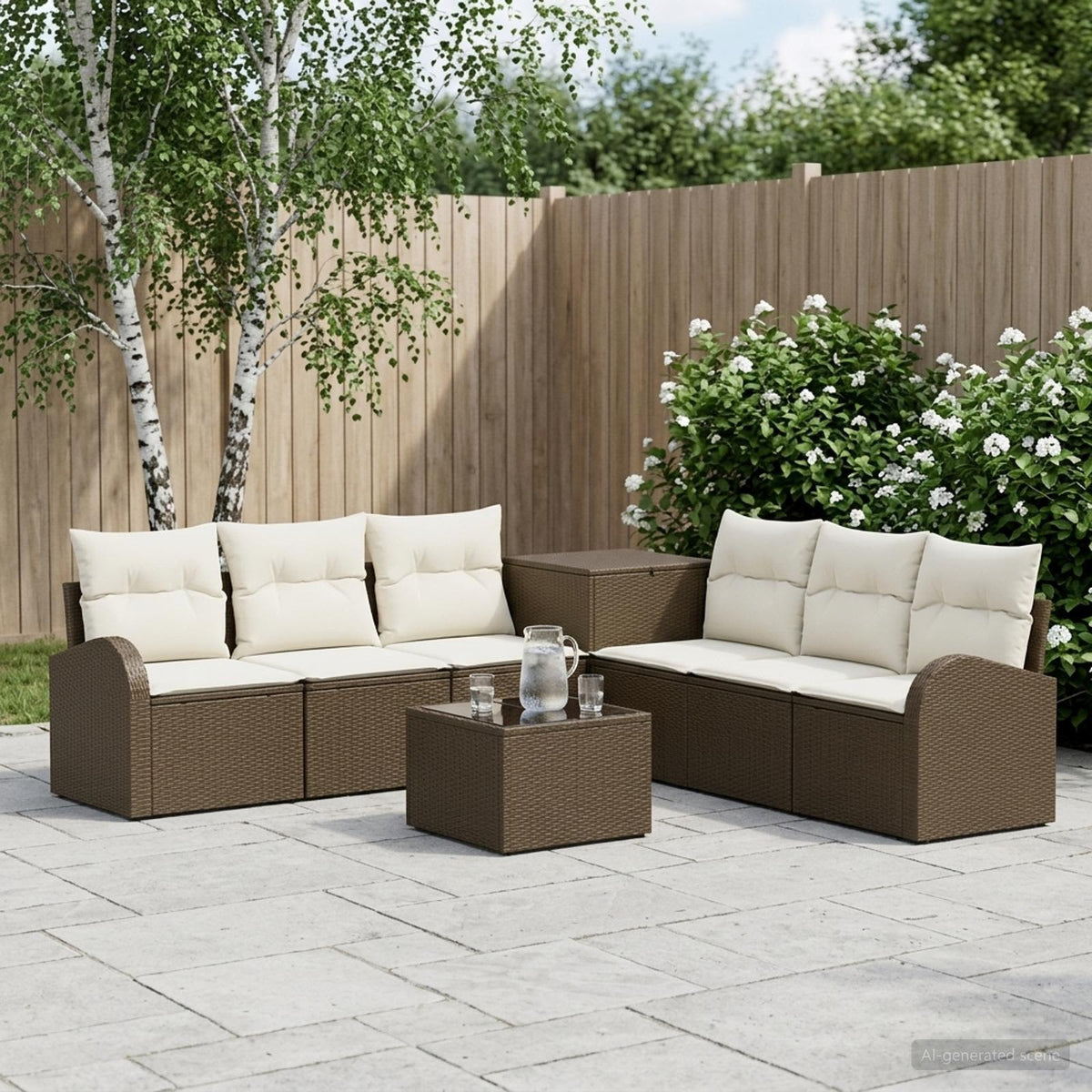 Bankstel 8 st Bruin en Crème Wit Poly Rattan en Staal is nu te koop bij PeponiXL, paradijselijk wonen!