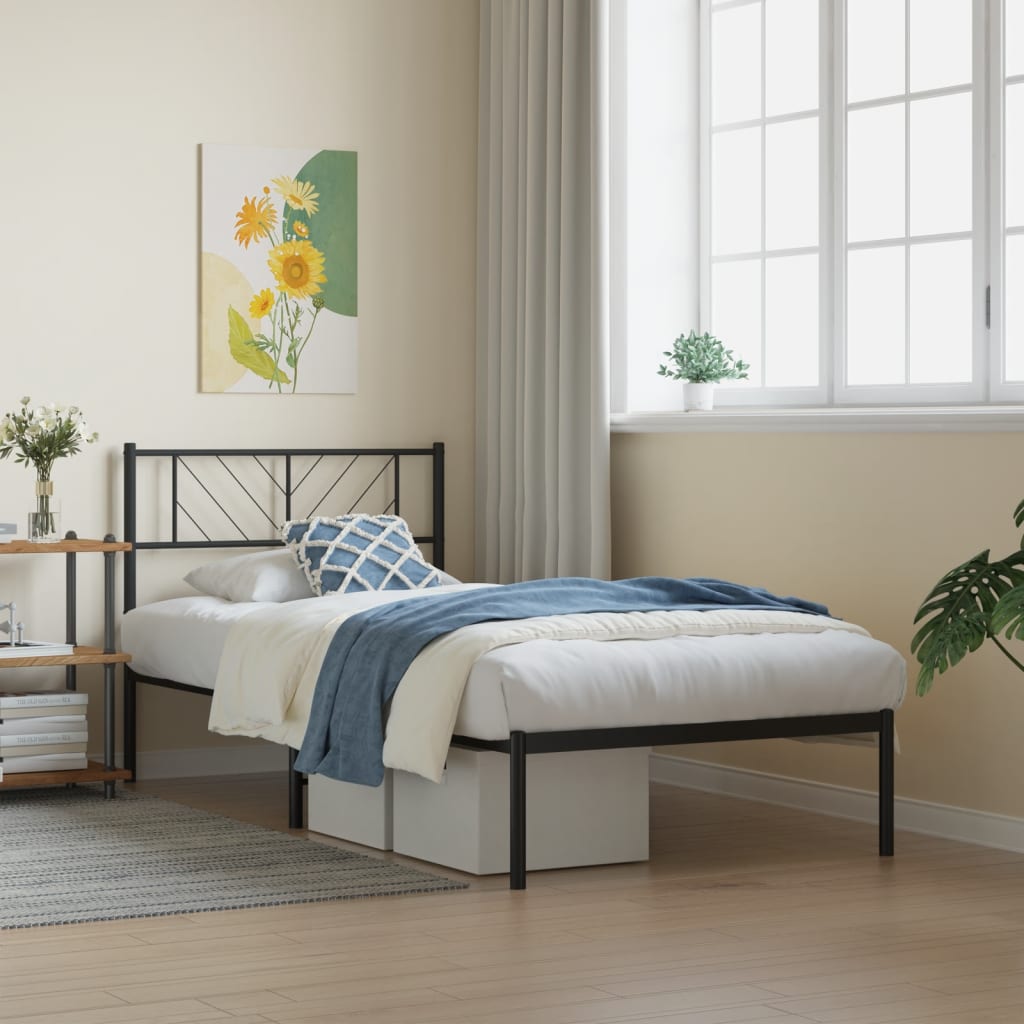 Bedframe met hoofdbord metaal zwart 80x200 cm is nu te koop bij PeponiXL, paradijselijk wonen!