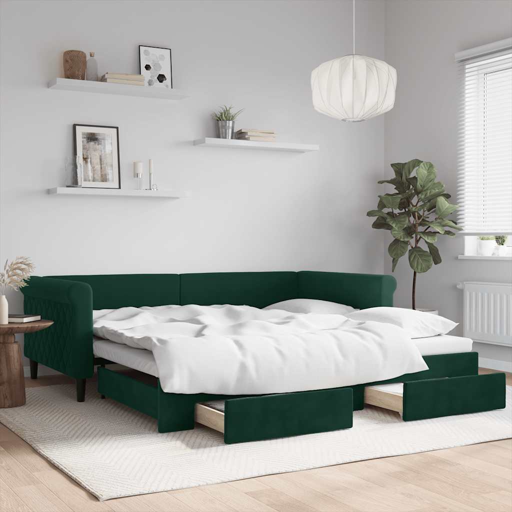 Slaapbank onderschuifbed lades 100x200 cm fluweel donkergroen is nu te koop bij PeponiXL, paradijselijk wonen!
