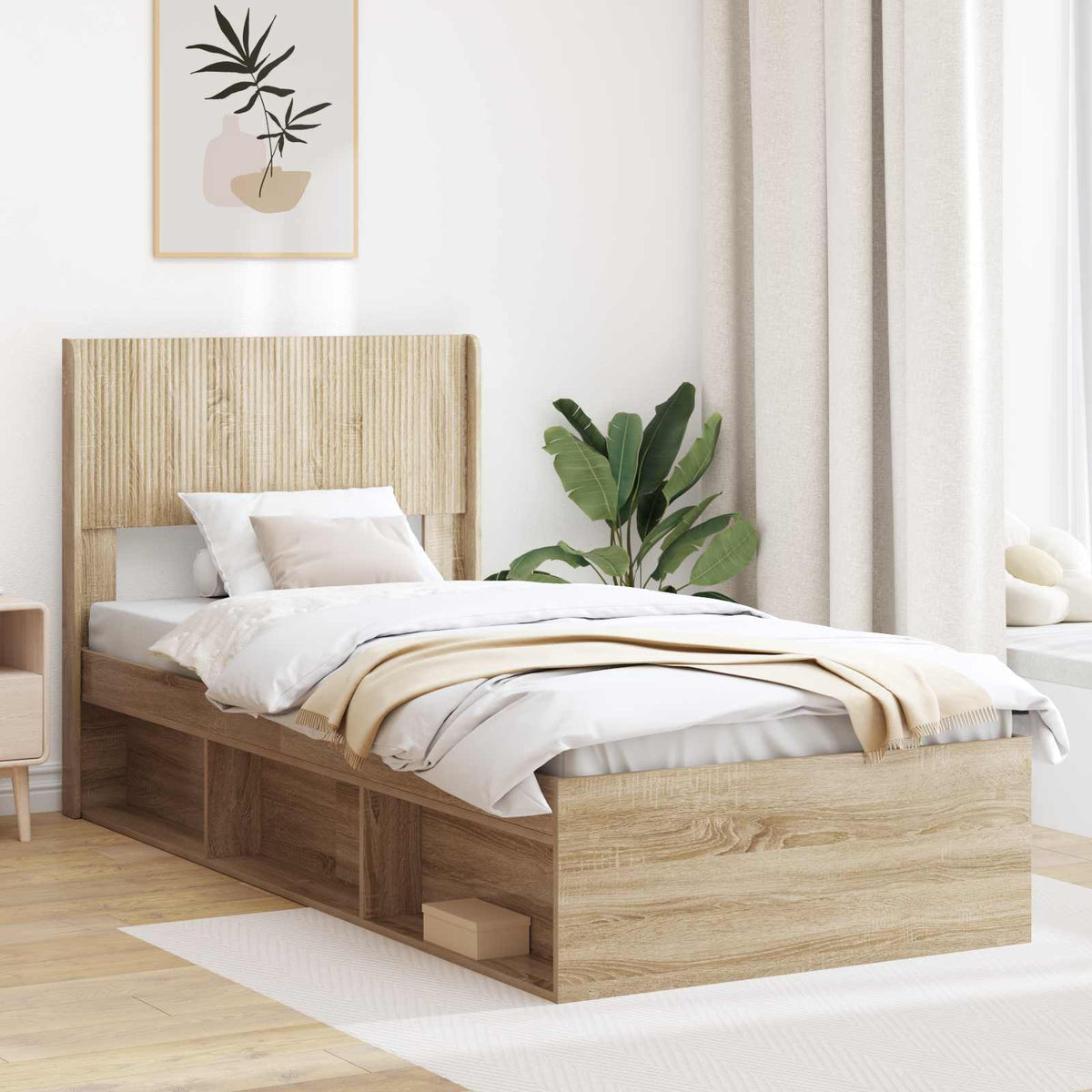Bedframe met opbergruimte en hoofdbord Sonoma Eiken 75 x 190 cm is nu te koop bij PeponiXL, paradijselijk wonen!