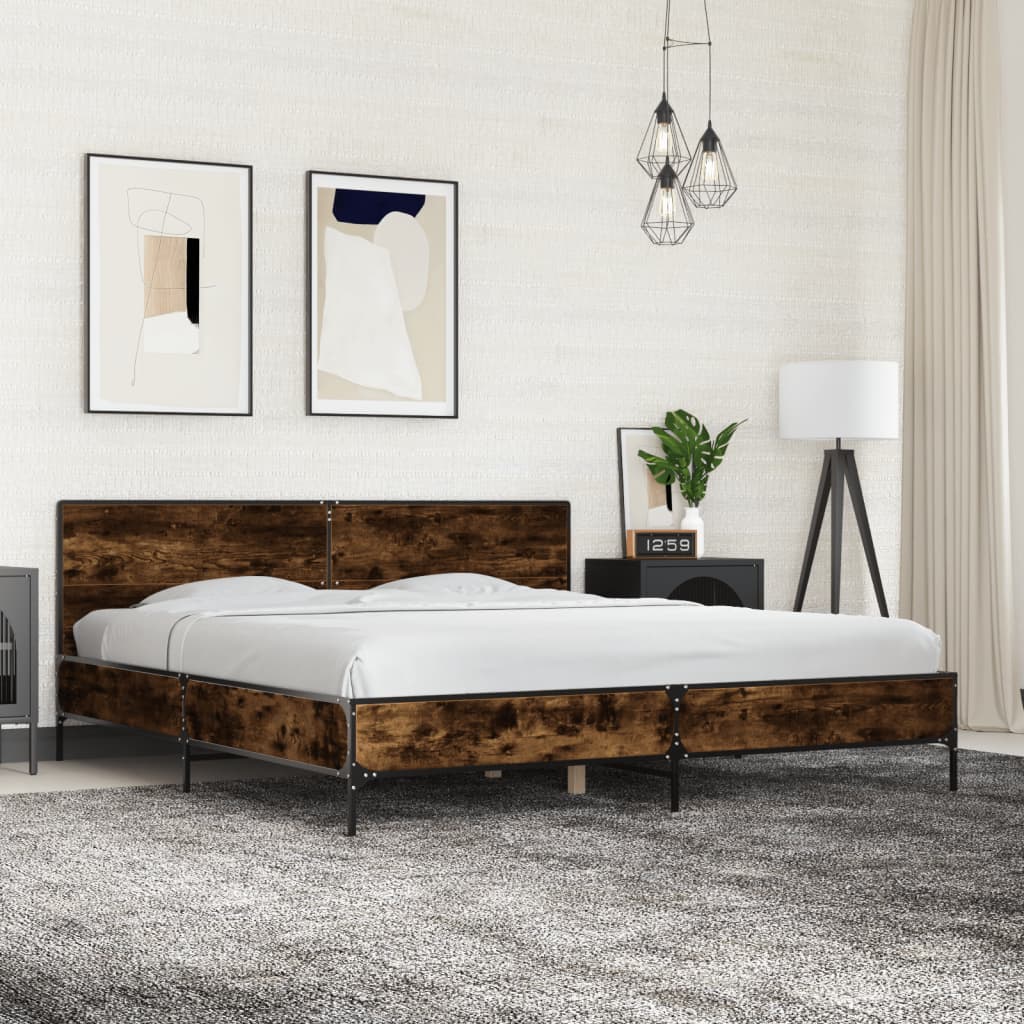 Bedframe bewerkt hout metaal gerookt eikenkleurig 180x200 cm is nu te koop bij PeponiXL, paradijselijk wonen!