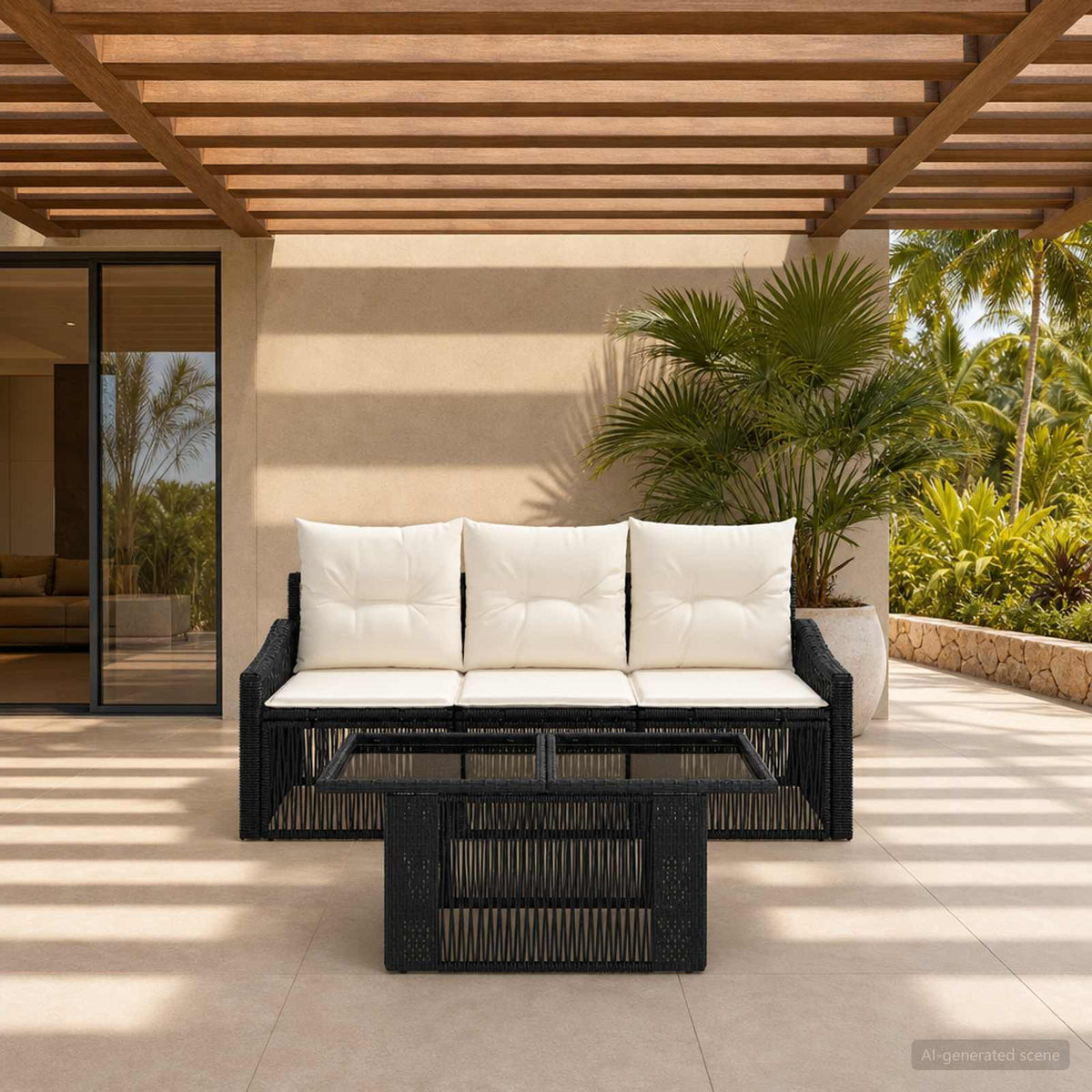 Tuinbankenset 4 st Zwart en Cream Wit poly rattan is nu te koop bij PeponiXL, paradijselijk wonen!
