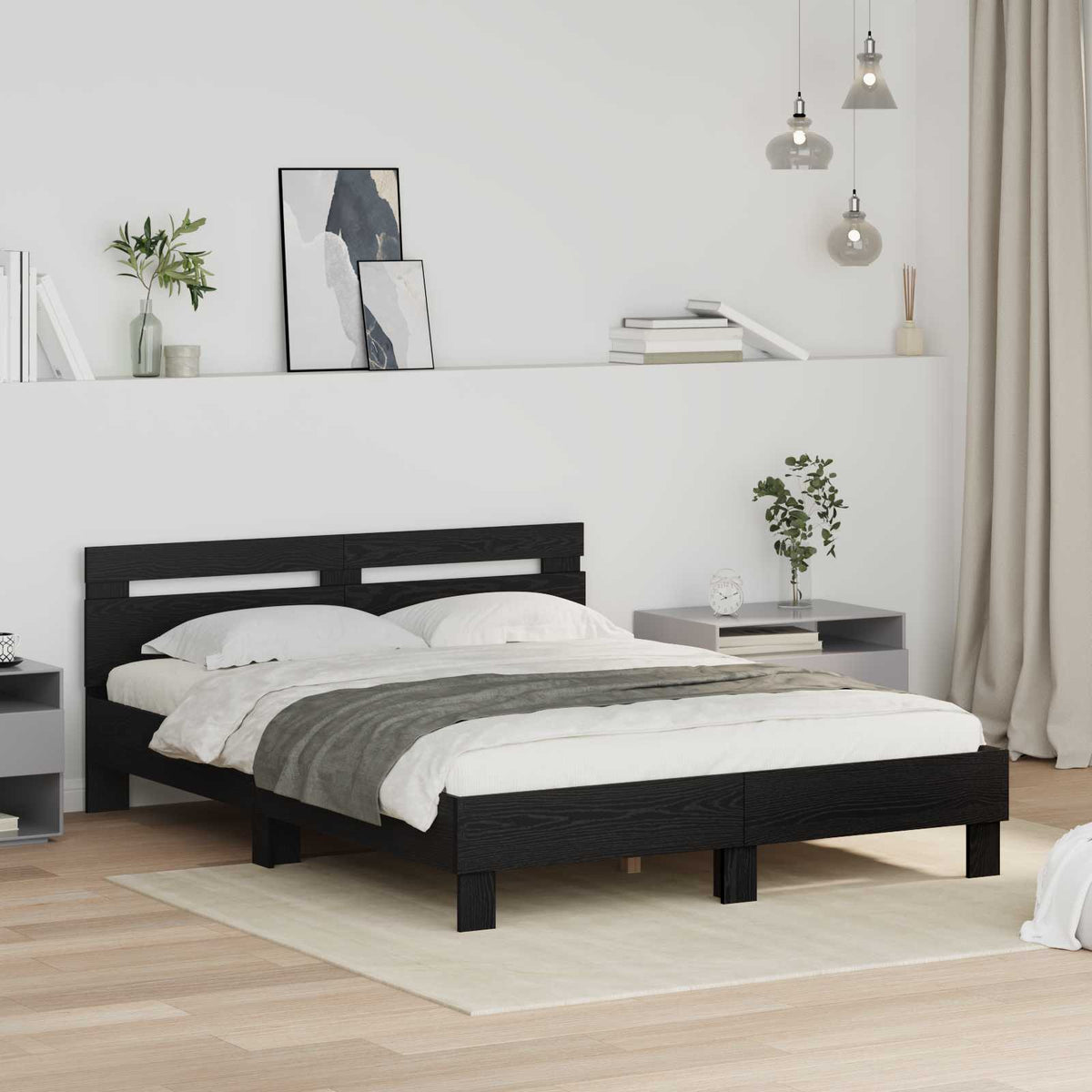 Bedframe met hoofdeinde Zwart Eiken 120 x 200 cm Bewerkt hout is nu te koop bij PeponiXL, paradijselijk wonen!