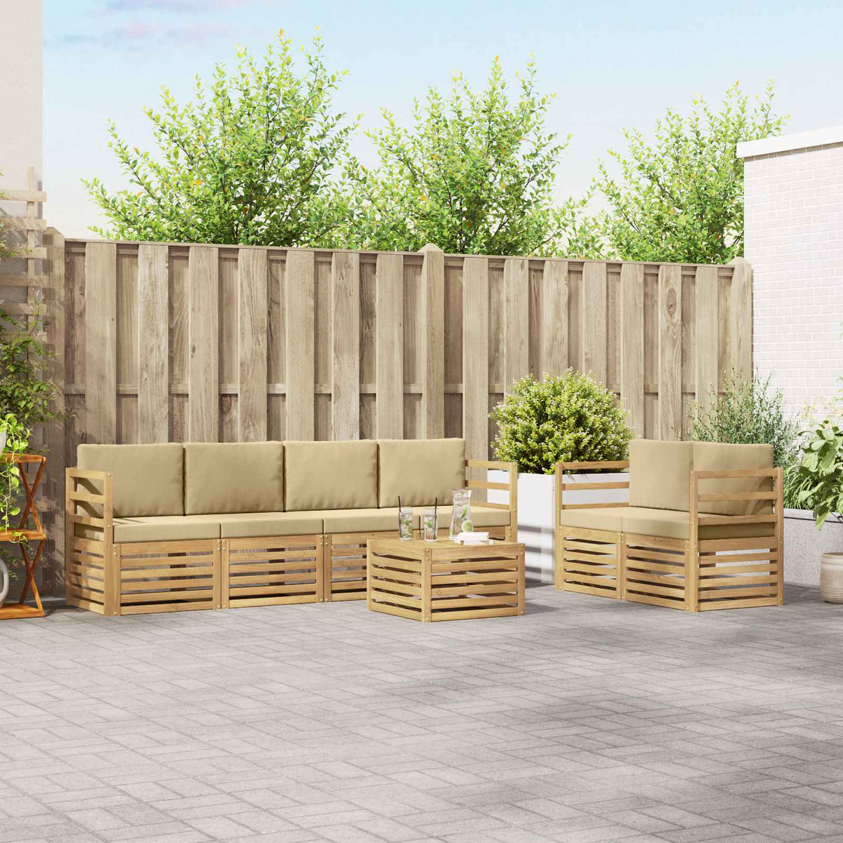 Buiten bankenset met kussen 7 pcs Wit en Beige Polyester is nu te koop bij PeponiXL, paradijselijk wonen!