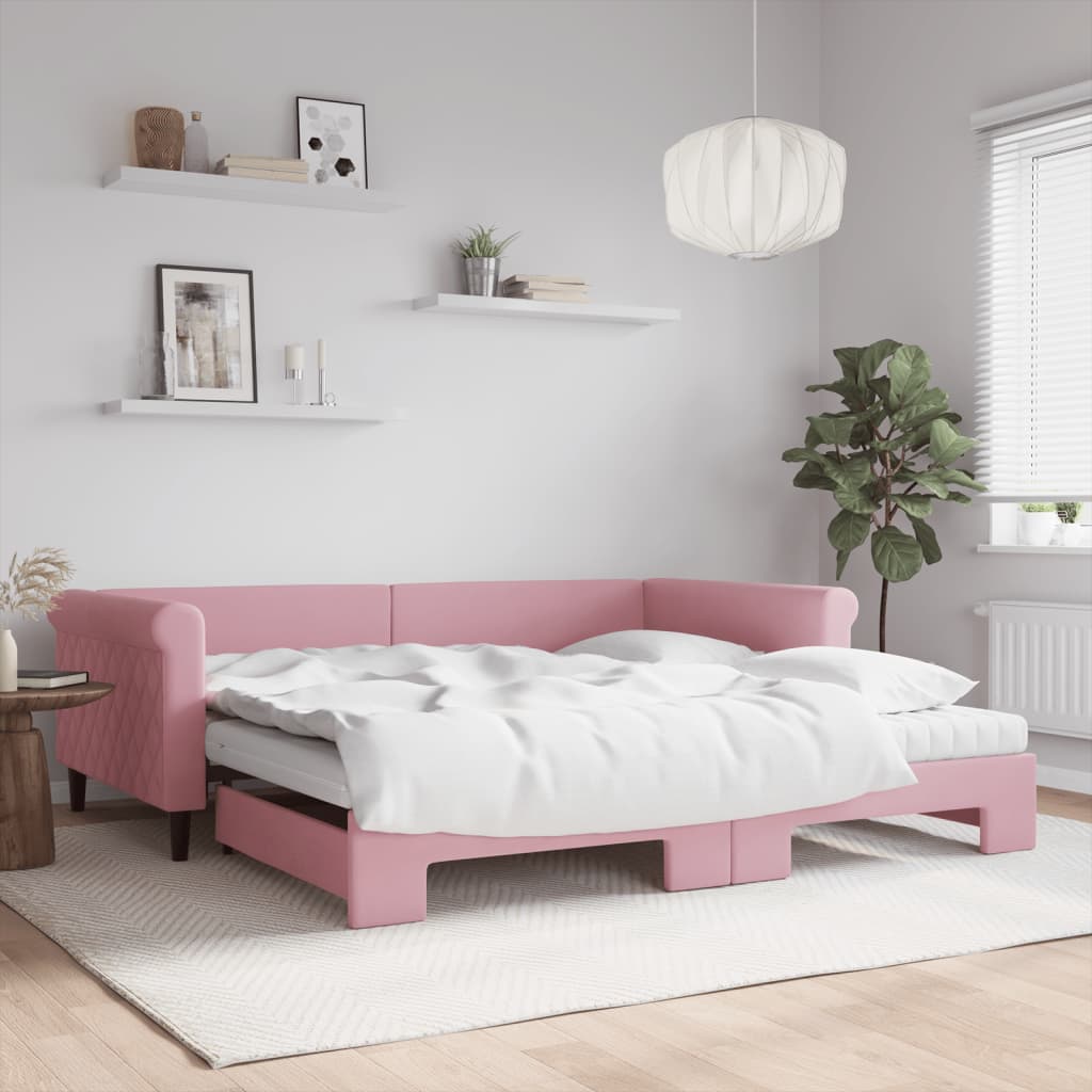 Slaapbank onderschuifbed en matrassen 100x200 cm fluweel roze is nu te koop bij PeponiXL, paradijselijk wonen!