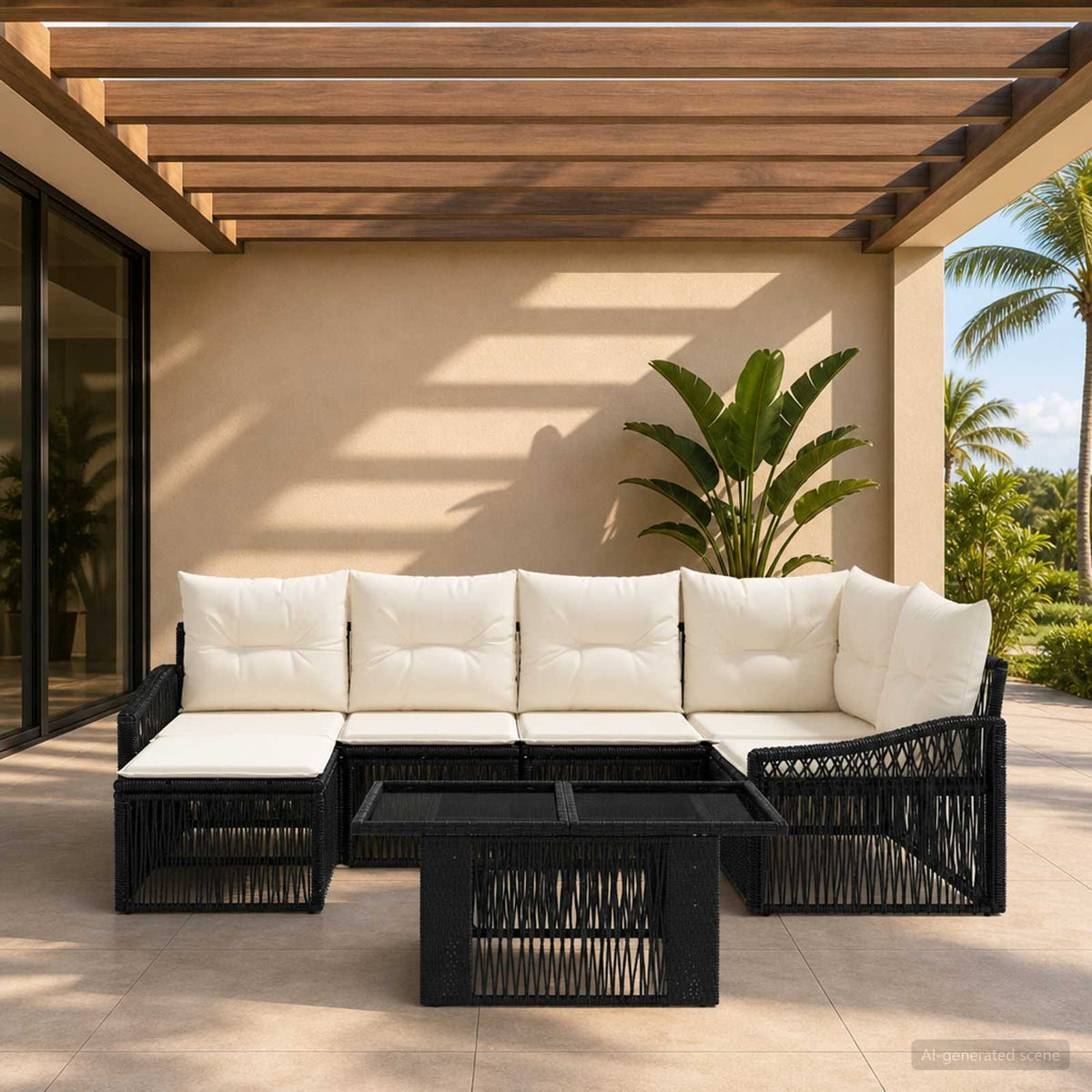 Tuinbankenset 7 st Zwart en Cream Wit poly rattan is nu te koop bij PeponiXL, paradijselijk wonen!