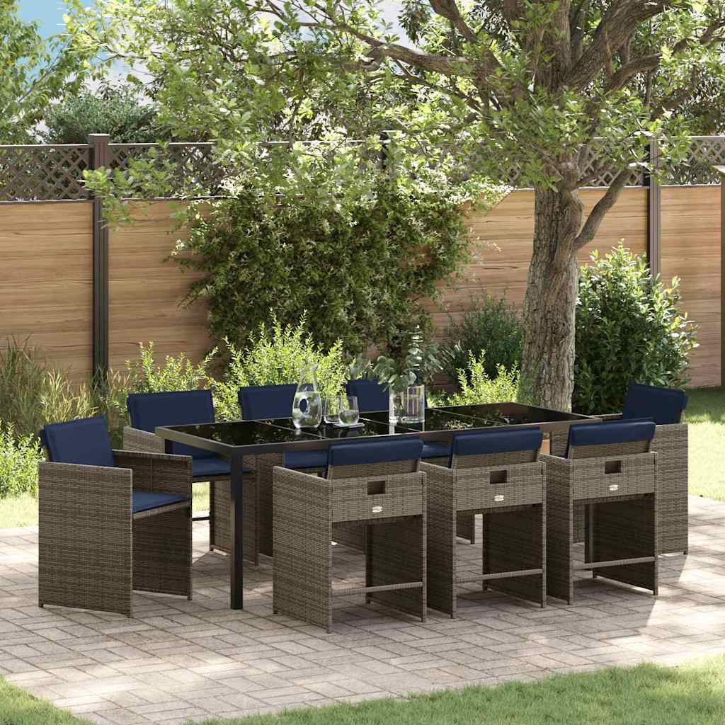 Tuin eettafelset met kussen 9 pcs Grijs poly rattan is nu te koop bij PeponiXL, paradijselijk wonen!