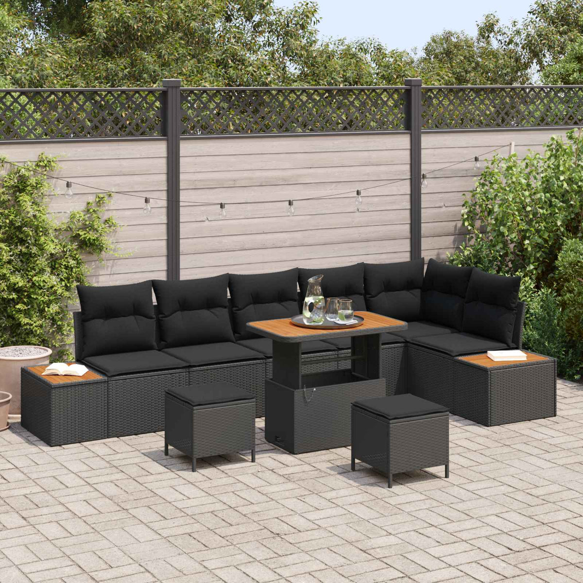 Tuinbankenset met kussen met opslag 9 pcs Zwart Poly riet is nu te koop bij PeponiXL, paradijselijk wonen!