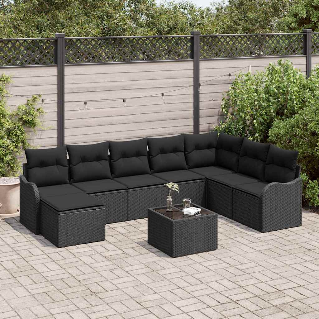Tuin Sofa Set met kussen 9 pcs Zwart Poly riet is nu te koop bij PeponiXL, paradijselijk wonen!