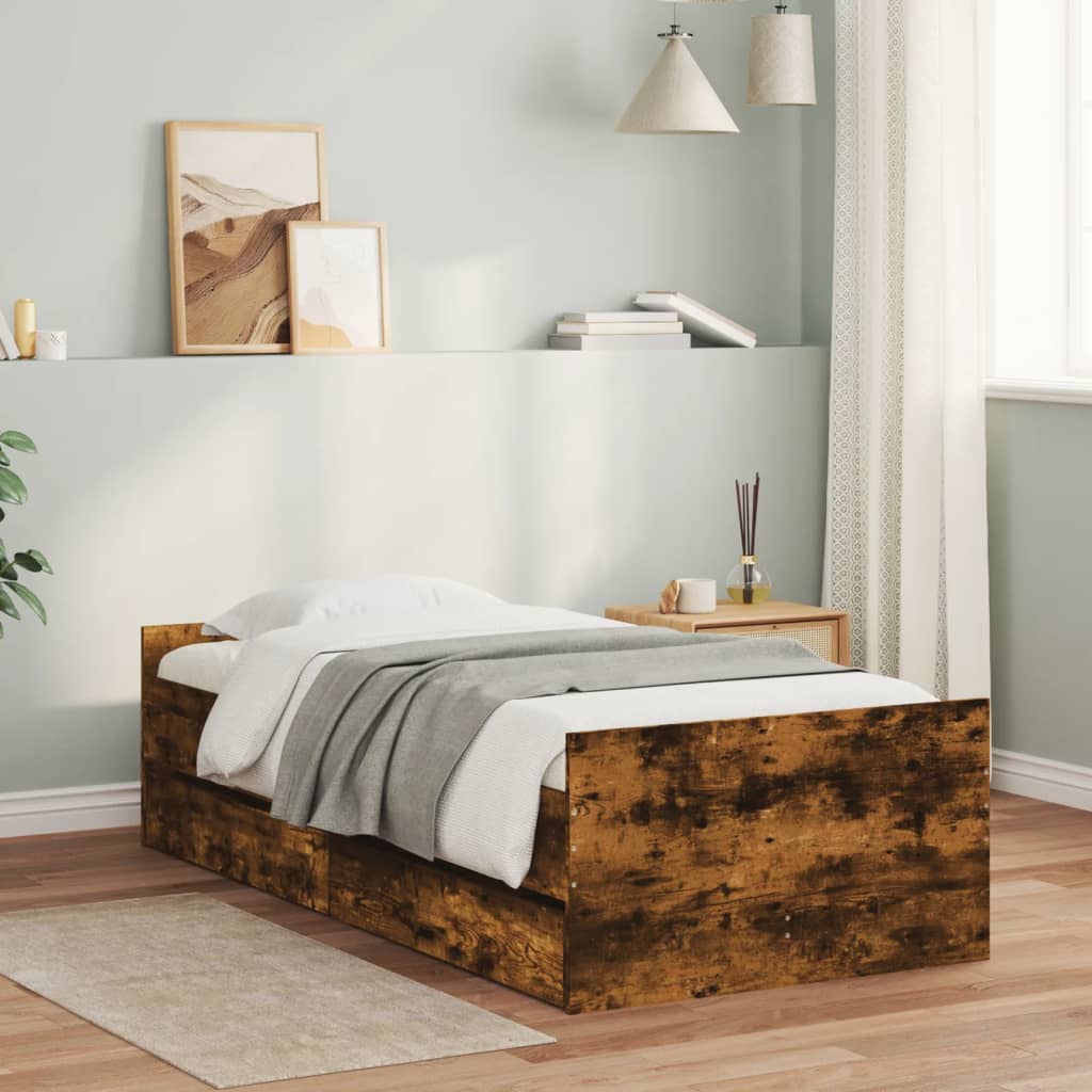 Bedframe met lades gerookt eiken 75x190 cm Small Single is nu te koop bij PeponiXL, paradijselijk wonen!