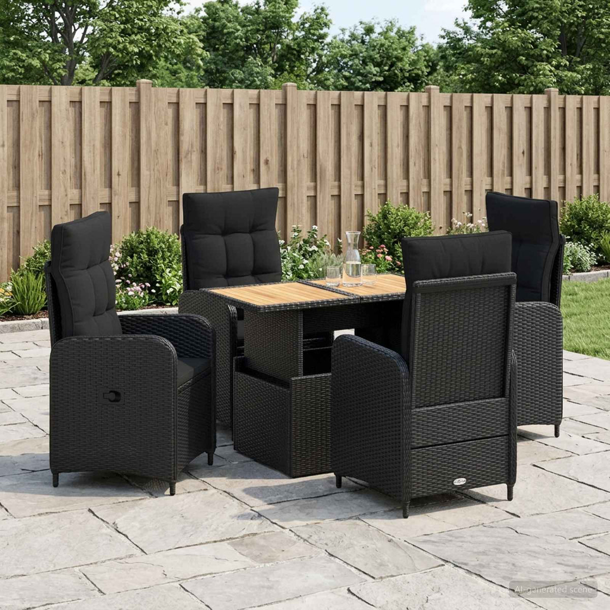 Buiten eettafelset 5 pcs Zwart Poly Riet en Acaciahout is nu te koop bij PeponiXL, paradijselijk wonen!