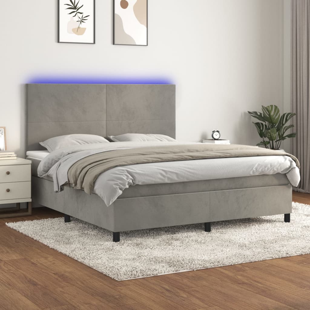 Boxspring met matras en LED fluweel lichtgrijs 180x200 cm is nu te koop bij PeponiXL, paradijselijk wonen!