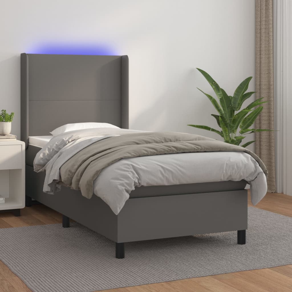 Boxspring met matras en LED kunstleer grijs 90x200 cm is nu te koop bij PeponiXL, paradijselijk wonen!