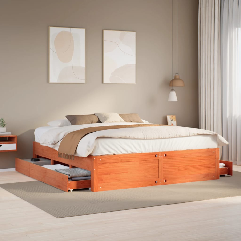 Bedframe zonder matras met lades grenenhout wasbruin 180x200 cm is nu te koop bij PeponiXL, paradijselijk wonen!