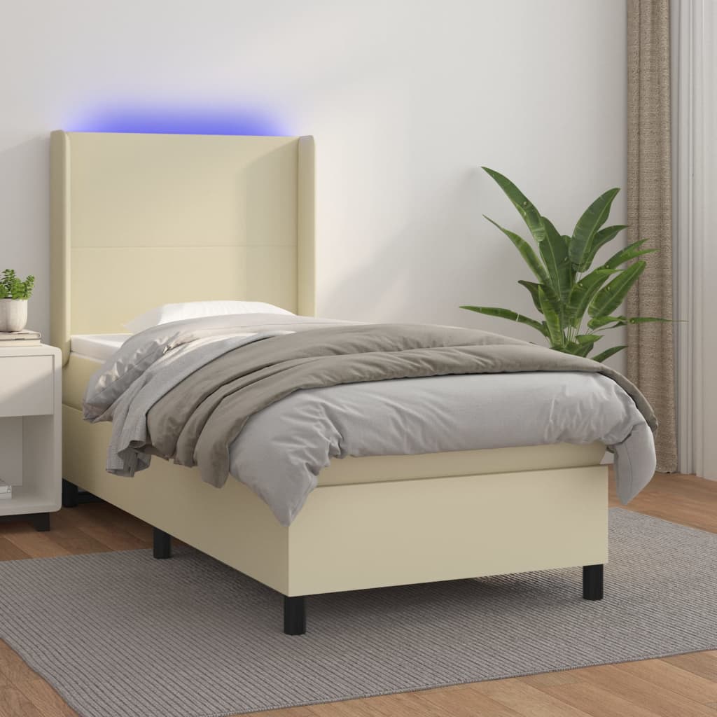 Boxspring met matras en LED kunstleer crèmekleurig 90x190 cm is nu te koop bij PeponiXL, paradijselijk wonen!