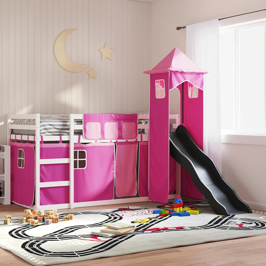 Stapelbed met glijbaan en gordijnen roze 90x200 cm is nu te koop bij PeponiXL, paradijselijk wonen!