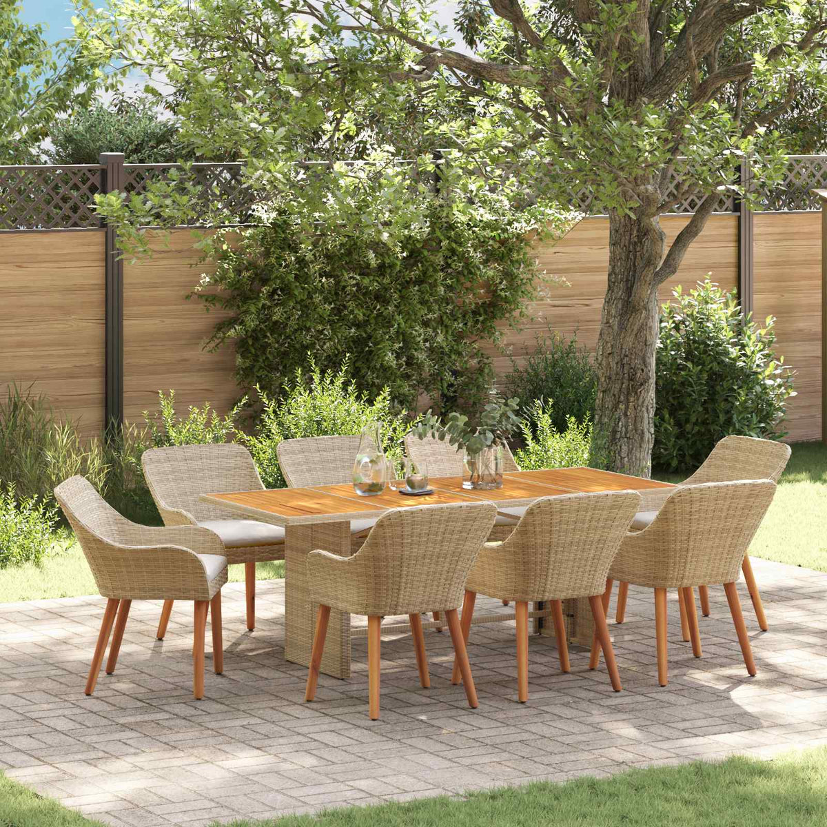 Tuin eettafelset met kussen 9 pcs Beige poly rattan is nu te koop bij PeponiXL, paradijselijk wonen!