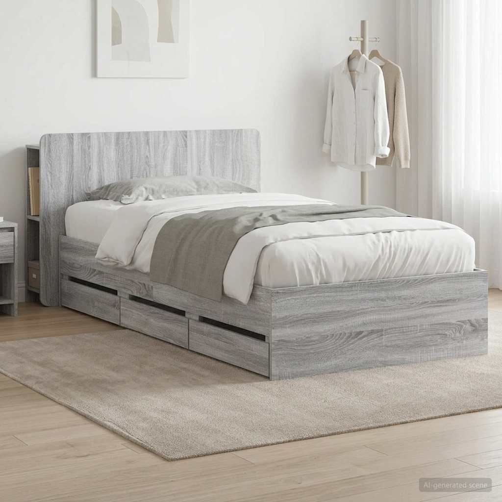 Bedframe met opslag Grijs Sonoma 90 x 190 cm Bewerkt hout is nu te koop bij PeponiXL, paradijselijk wonen!