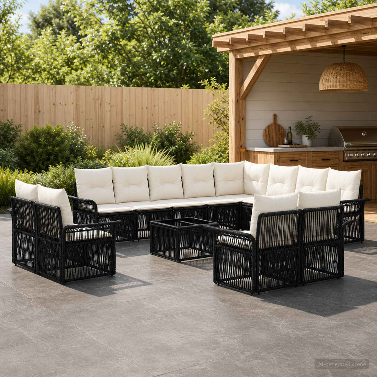Tuinbankenset 13 pcs Zwart en Cream Wit poly rattan is nu te koop bij PeponiXL, paradijselijk wonen!