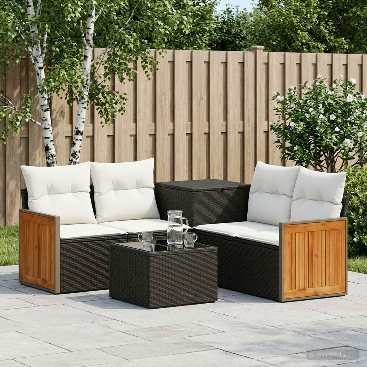 Bankstel 6 st Zwart en Cream Wit Poly Rattan en Staal is nu te koop bij PeponiXL, paradijselijk wonen!