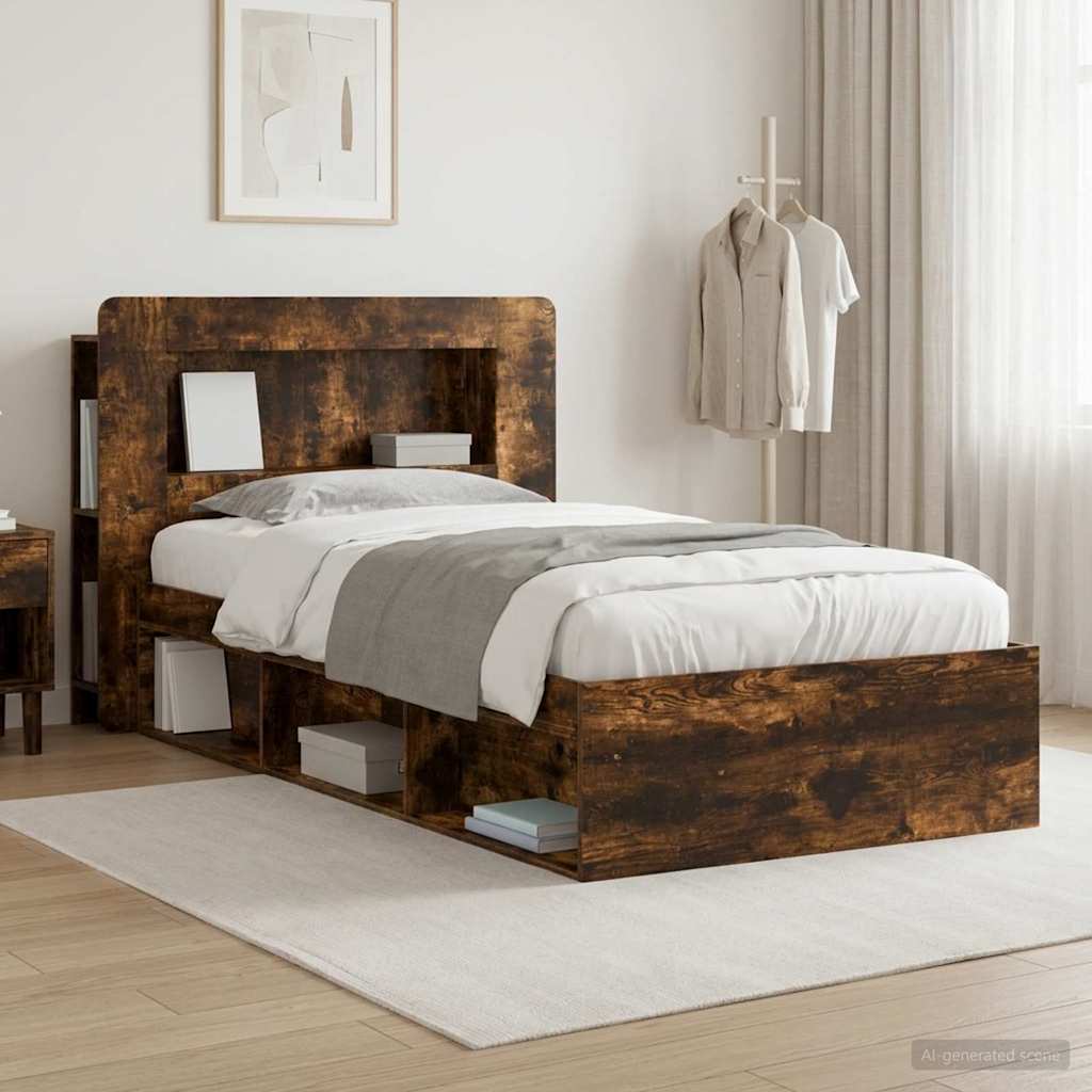 Bedframe met opslag Gerookt eiken 90 x 190 cm Bewerkt hout is nu te koop bij PeponiXL, paradijselijk wonen!