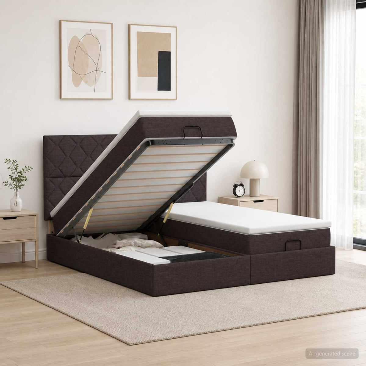 Ottoman Bed met Matrassen en LED Donkerbruin 200 x 200 cm Stof is nu te koop bij PeponiXL, paradijselijk wonen!