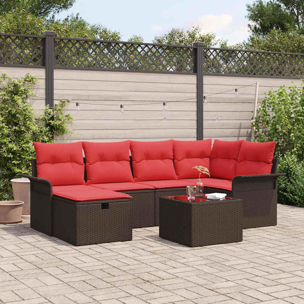 Tuin Sofa Set met kussen 7 pcs Bruin en Rood poly rattan is nu te koop bij PeponiXL, paradijselijk wonen!