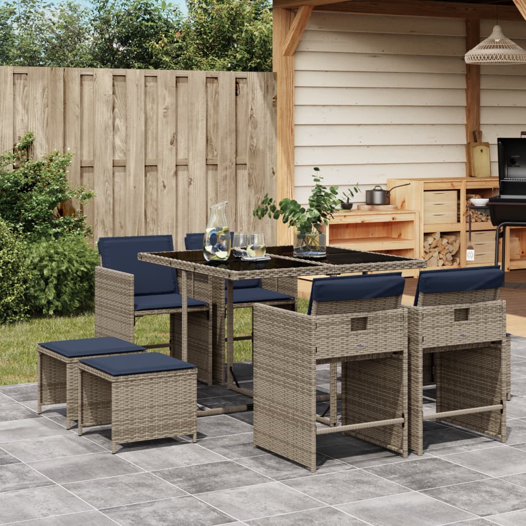 9-delige tuinset met kussens, grijs polyrotan is nu te koop bij PeponiXL, paradijselijk wonen!