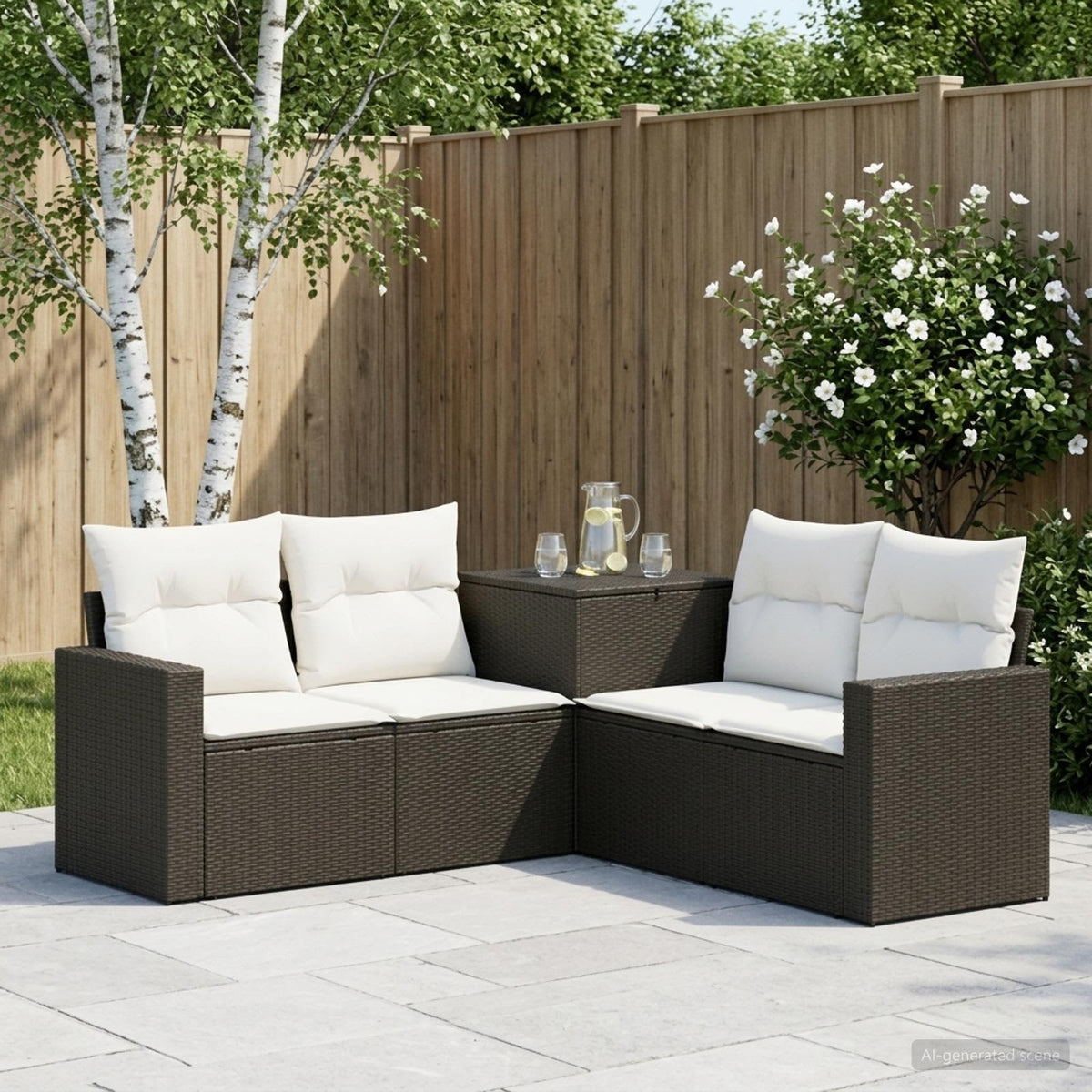 Bankstel 5 st Zwart en Cream Wit Poly Rattan en Staal is nu te koop bij PeponiXL, paradijselijk wonen!