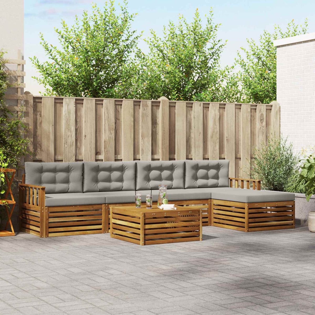 Buiten bankenset met kussen 6 pcs Natuurlijk en Lichtgrijs is nu te koop bij PeponiXL, paradijselijk wonen!
