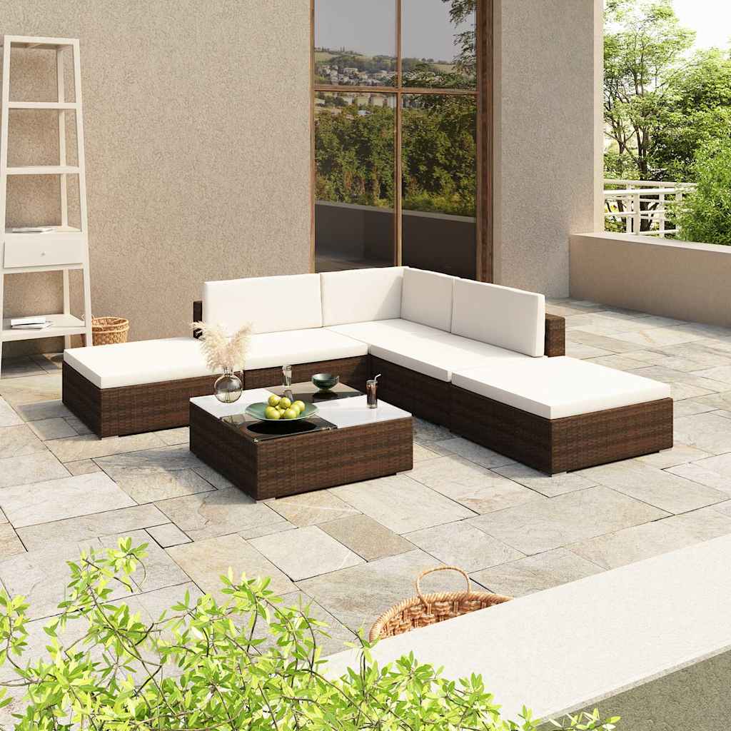 6-delige Loungeset met kussens poly rattan bruin is nu te koop bij PeponiXL, paradijselijk wonen!