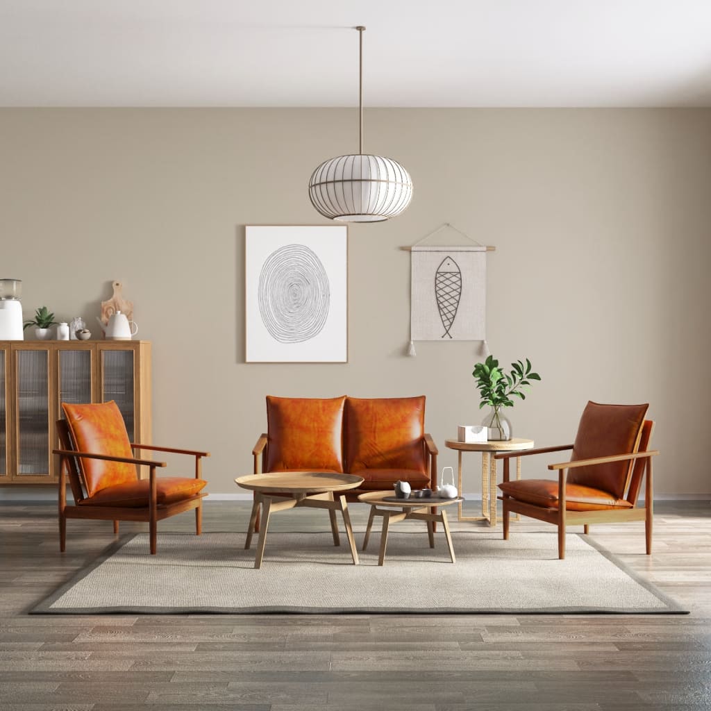 3-delig Bankstel echt leer met massief acaciahout bruin is nu te koop bij PeponiXL, paradijselijk wonen!