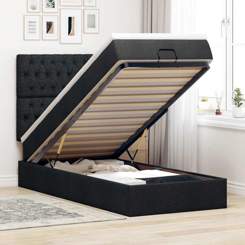 Ottoman bed met matras en LED's 90x190cm stof zwart is nu te koop bij PeponiXL, paradijselijk wonen!