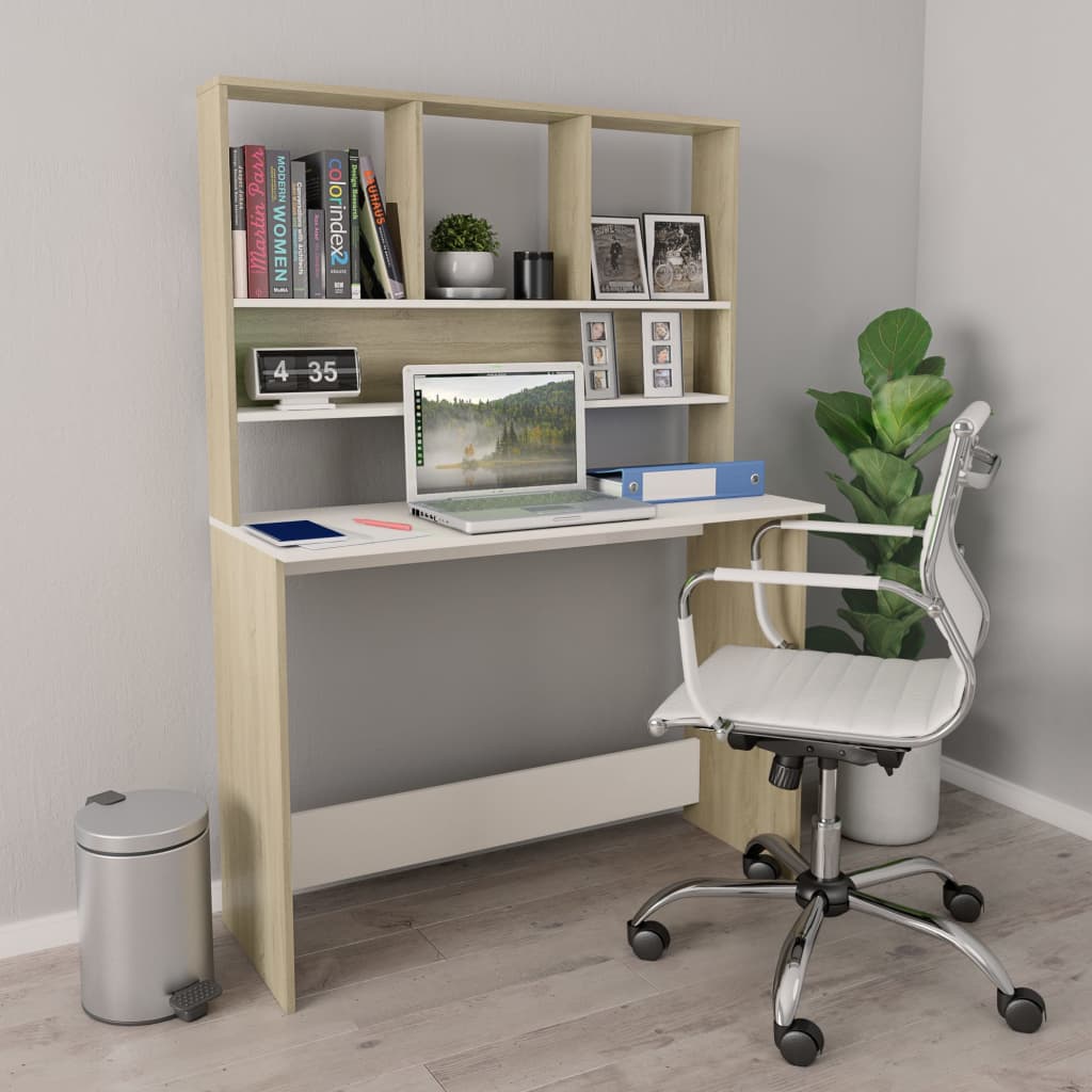 Bureau met schappen 110x45x157cm bewerkt hout wit en eikenkleur is nu te koop bij PeponiXL, paradijselijk wonen!
