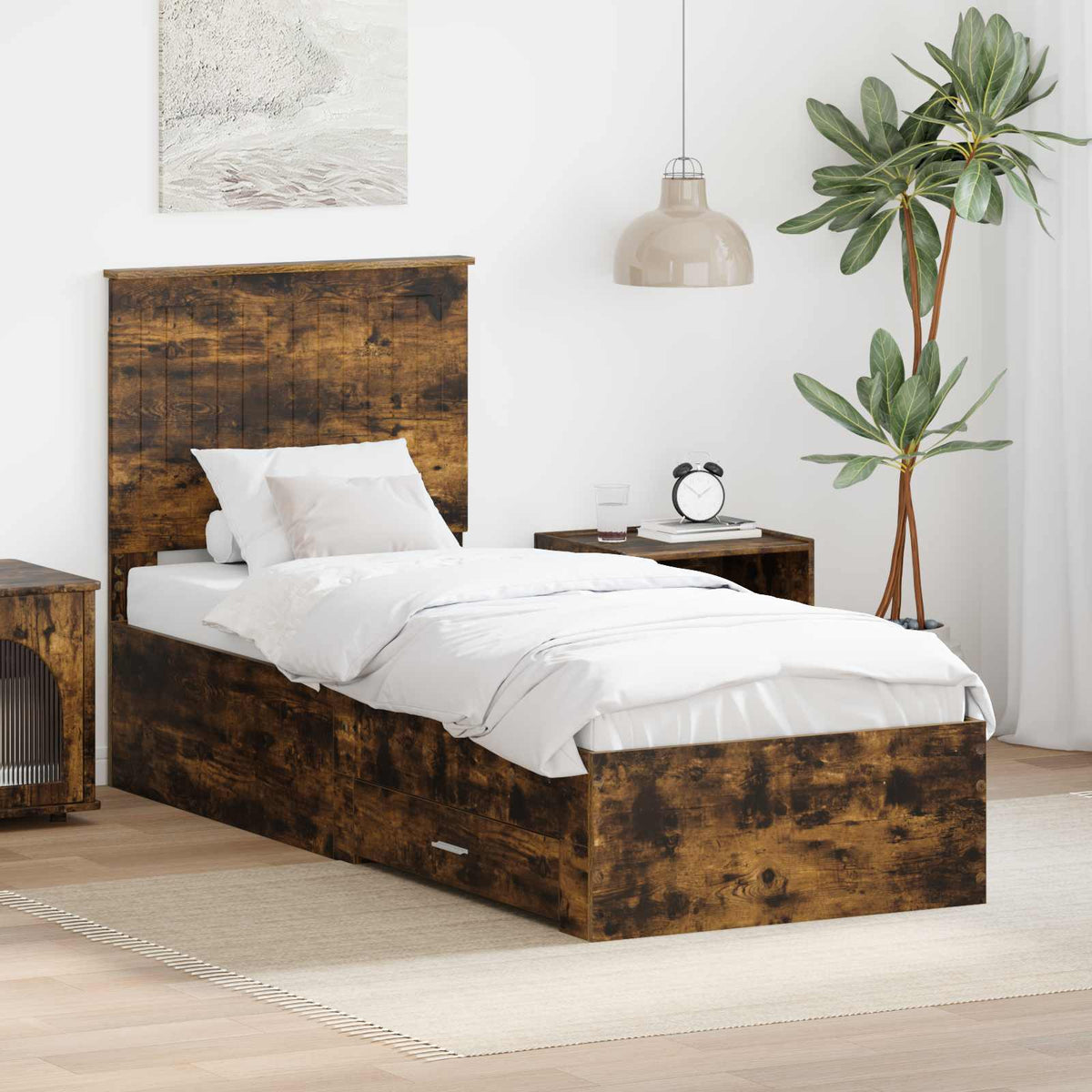 Bedframe Gerookt Eiken en Zilver 70 x 190 cm Bewerkt hout is nu te koop bij PeponiXL, paradijselijk wonen!