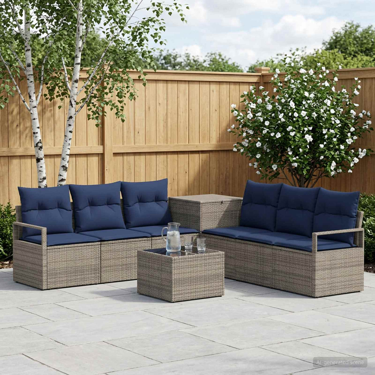 Bankstel 8 st Grijs en Marineblauw Poly Rattan en Staal is nu te koop bij PeponiXL, paradijselijk wonen!